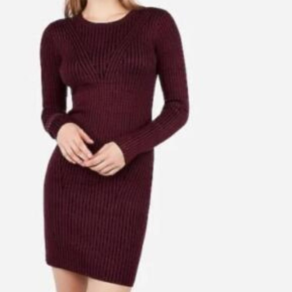 EXPRESS STRIPED RIBBED LONG SLEEVE FITTED SWEATER DRESS